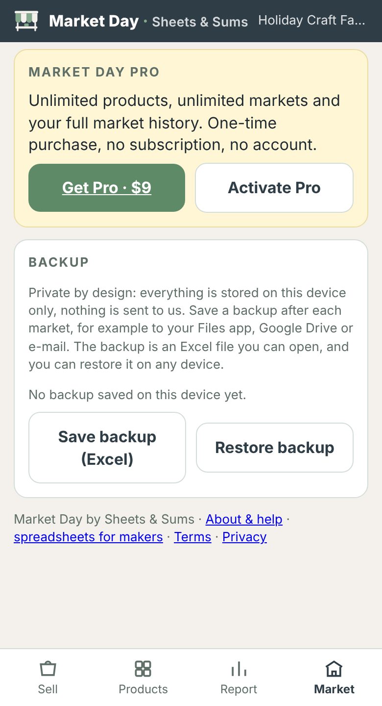 Backup section: save backup as Excel and restore backup