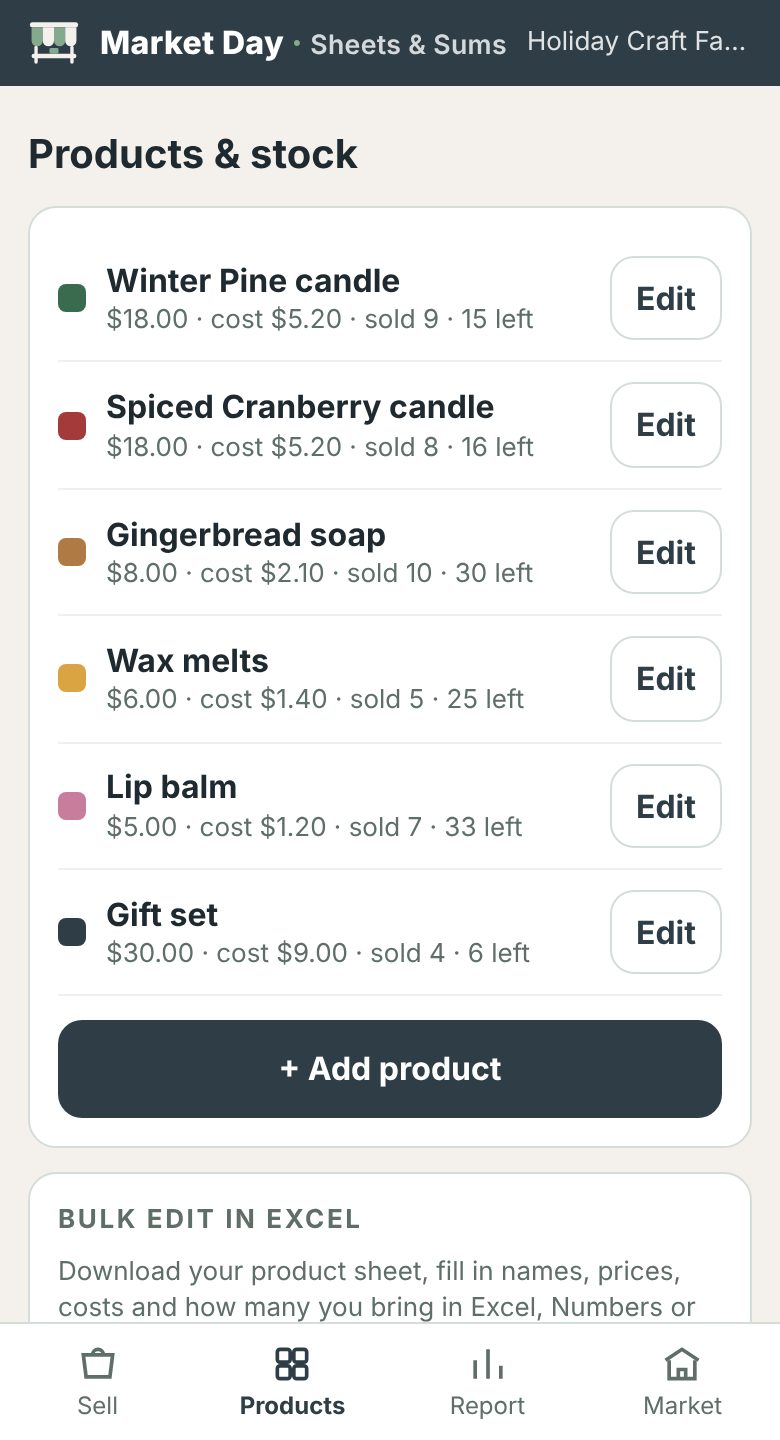 Products screen with prices, costs, stock and Excel import